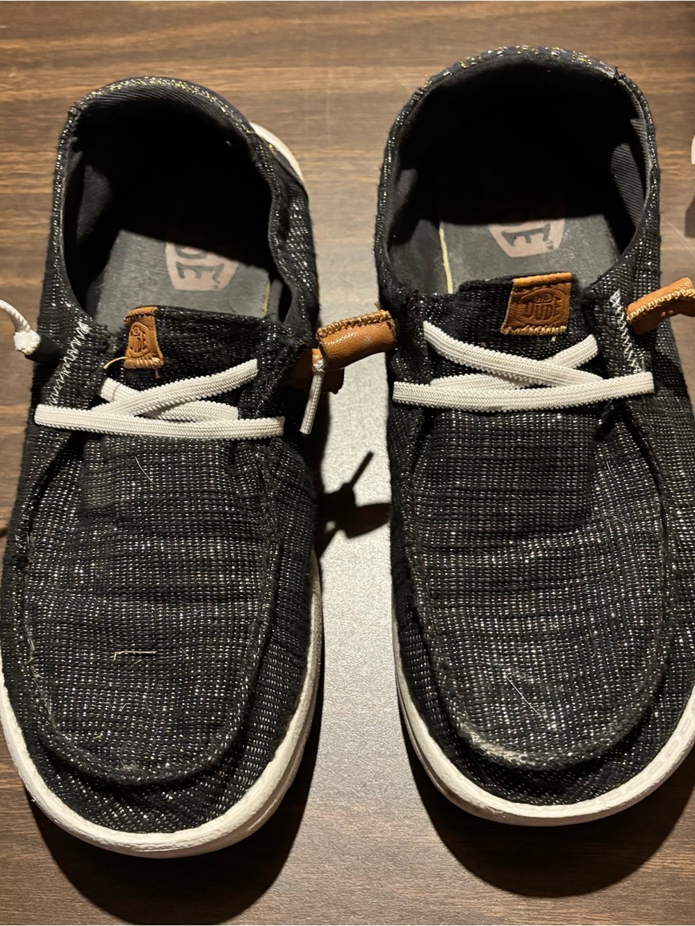 Hey Dude Sparkly Black Slip-On Loafers with White Laces